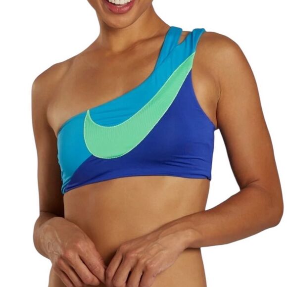 NWT Nike Women’s Asymmetrical Color Block Swoosh Bikini Top Size Large L Blue - Picture 4 of 8